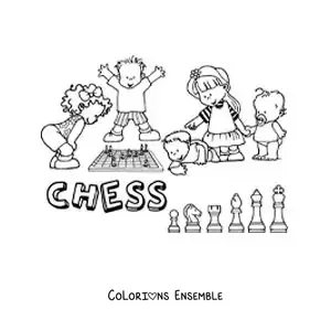 Image à colorier d'enfants jouant aux échecs et du mot échecs en anglais
