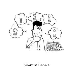 Image à colorier en dessin animé d'un homme jouant aux échecs
