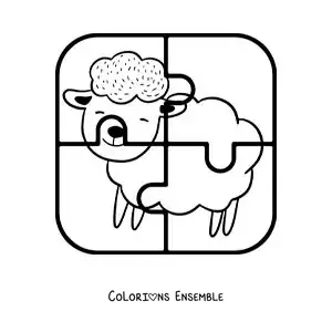 Image à colorier d'un puzzle à découper de 4 pièces représentant un mouton animé