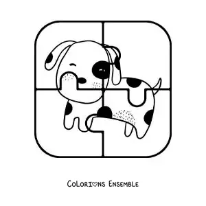 Image à colorier d'un puzzle à découper de 4 pièces représentant un chien animé