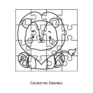 Image à colorier d'un puzzle à découper représentant un lion animé
