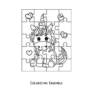 Image à colorier d'un puzzle à découper représentant une licorne animée