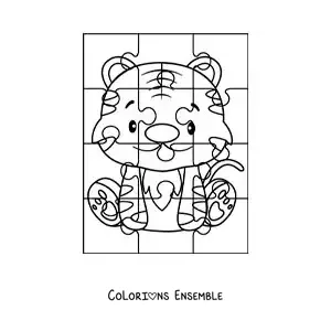 Image à colorier d'un puzzle à découper représentant un tigre animé