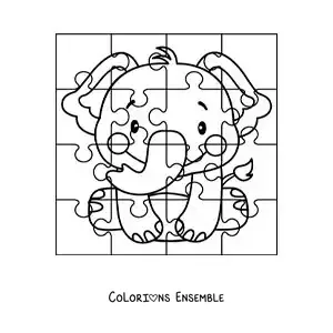 Image à colorier d'un puzzle à découper représentant un éléphant animé