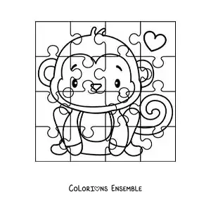 Image à colorier d'un puzzle à découper représentant un singe animé