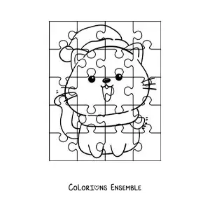Image à colorier d'un puzzle de Noël représentant un chat animé avec un bonnet