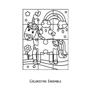 Image à colorier d'un puzzle à découper représentant une licorne animée avec un arc-en-ciel
