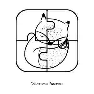 Image à colorier d'un puzzle à découper de 4 pièces représentant un renard animé