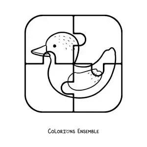 Image à colorier d'un puzzle à découper de 4 pièces représentant un canard animé
