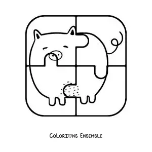 Image à colorier d'un puzzle à découper de 4 pièces représentant un cochon animé