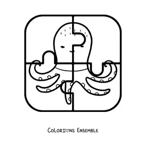 Image à colorier d'un puzzle à découper de 4 pièces représentant une pieuvre animée