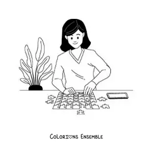 Image à colorier d’une fille qui assemble un puzzle