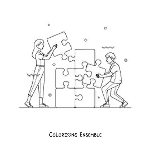 Image à colorier d’enfants qui assemblent un puzzle