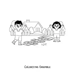 Image à colorier d’enfants qui jouent à la marelle