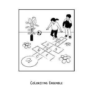 Image à colorier d’enfants qui jouent à la marelle