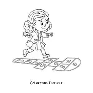 Image à colorier d’une fille qui joue à la marelle
