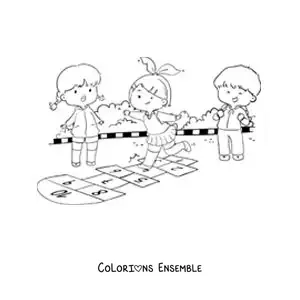 Image à colorier d’enfants qui sautent au jeu traditionnel de la marelle