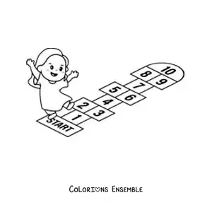 Image à colorier d’une petite fille animée qui joue à la marelle