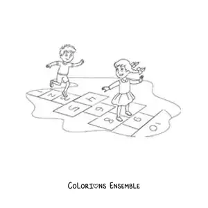 Image à colorier de deux enfants qui sautent au jeu traditionnel de la marelle