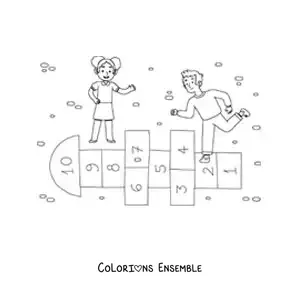 Image à colorier d’enfants qui jouent au jeu traditionnel de la marelle