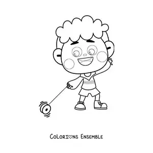 Image à colorier d’un garçon animé qui joue avec un yoyo