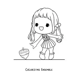 Image à colorier d’une fille qui joue avec une toupie
