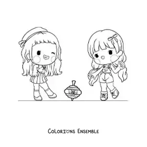 Image à colorier de filles qui jouent avec une toupie