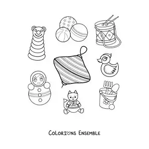 Image à colorier d’une toupie et d’autres jouets traditionnels
