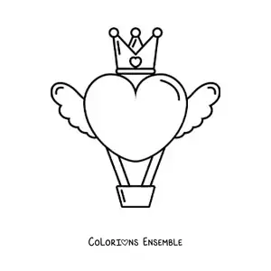 Image à colorier d’une montgolfière en forme de cœur ailé