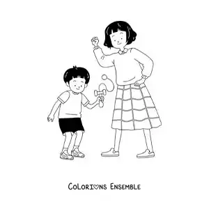 Image à colorier d’un garçon japonais qui joue au kendama avec sa maman