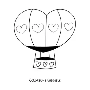 Image à colorier d’une montgolfière au motif de cœurs