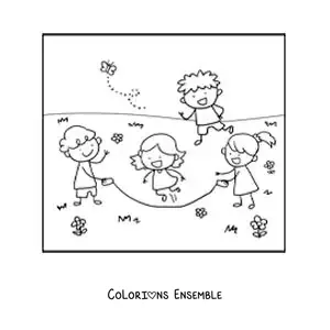 Image à colorier d’enfants qui sautent à la corde dans un parc