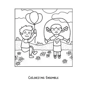 Image à colorier d’une fille qui saute à la corde dans un parc