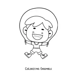Image à colorier d’un garçon animé qui saute à la corde