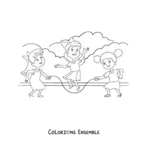Image à colorier d’enfants qui sautent à la corde dans un parc