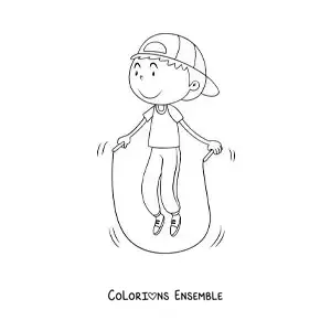 Image à colorier d’un garçon animé qui saute à la corde