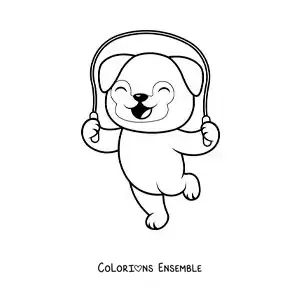 Image à colorier d’un chien animé qui saute à la corde