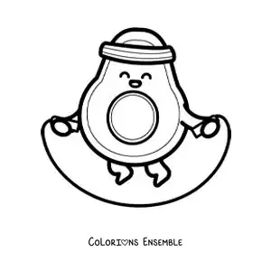 Image à colorier d’un avocat kawaii animé qui saute à la corde
