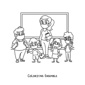 Image à colorier d’une maîtresse avec ses élèves portant des masques