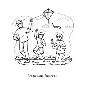Image à colorier d’enfants qui font voler un cerf-volant avec leur papa dans le parc