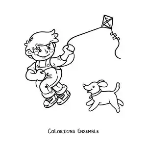 Image à colorier d’un garçon qui fait voler un cerf-volant avec son chien