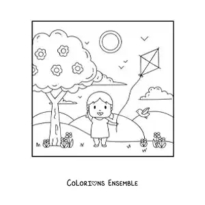 Image à colorier d’une fille qui fait voler un cerf-volant dans le parc