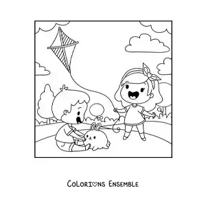 Image à colorier de filles animées qui font voler un cerf-volant dans le parc