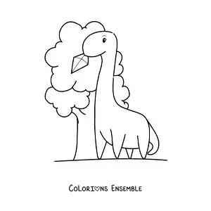 Image à colorier d’un dinosaure animé qui récupère un cerf-volant dans un arbre