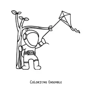 Image à colorier d’un astronaute qui fait voler un cerf-volant dans le parc