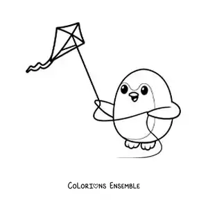Image à colorier d’un pingouin animé qui fait voler un cerf-volant