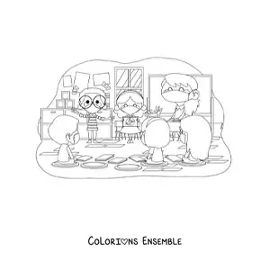 Image à colorier d’une maîtresse et d’élèves dans une salle de classe avec des masques