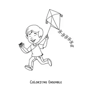 Image à colorier d’un garçon qui fait voler un cerf-volant