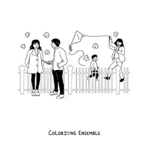 Image à colorier d’un garçon qui fait voler un cerf-volant avec sa maman dans le parc