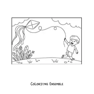 Image à colorier d’un garçon qui fait voler un cerf-volant en papier dans le parc